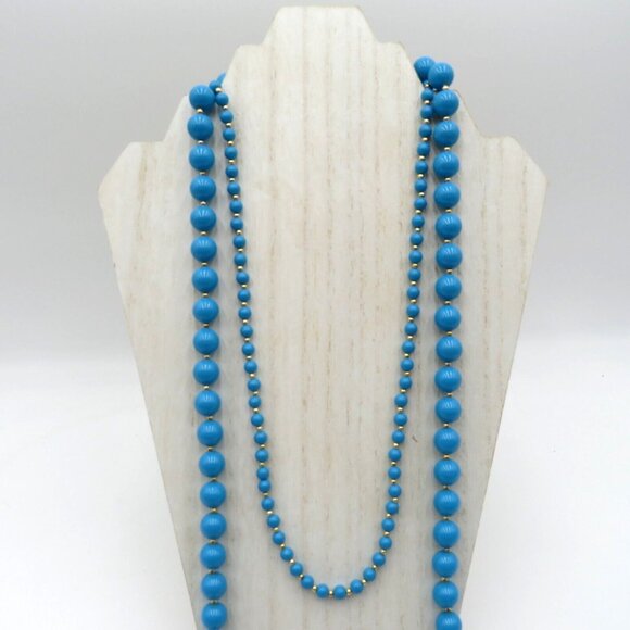 Vintage Hong Kong 24" Blue Beaded Necklace With Gold Tone Accents - Picture 3 of 11
